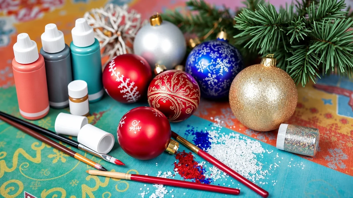 Paints brushes and Christmas baubles