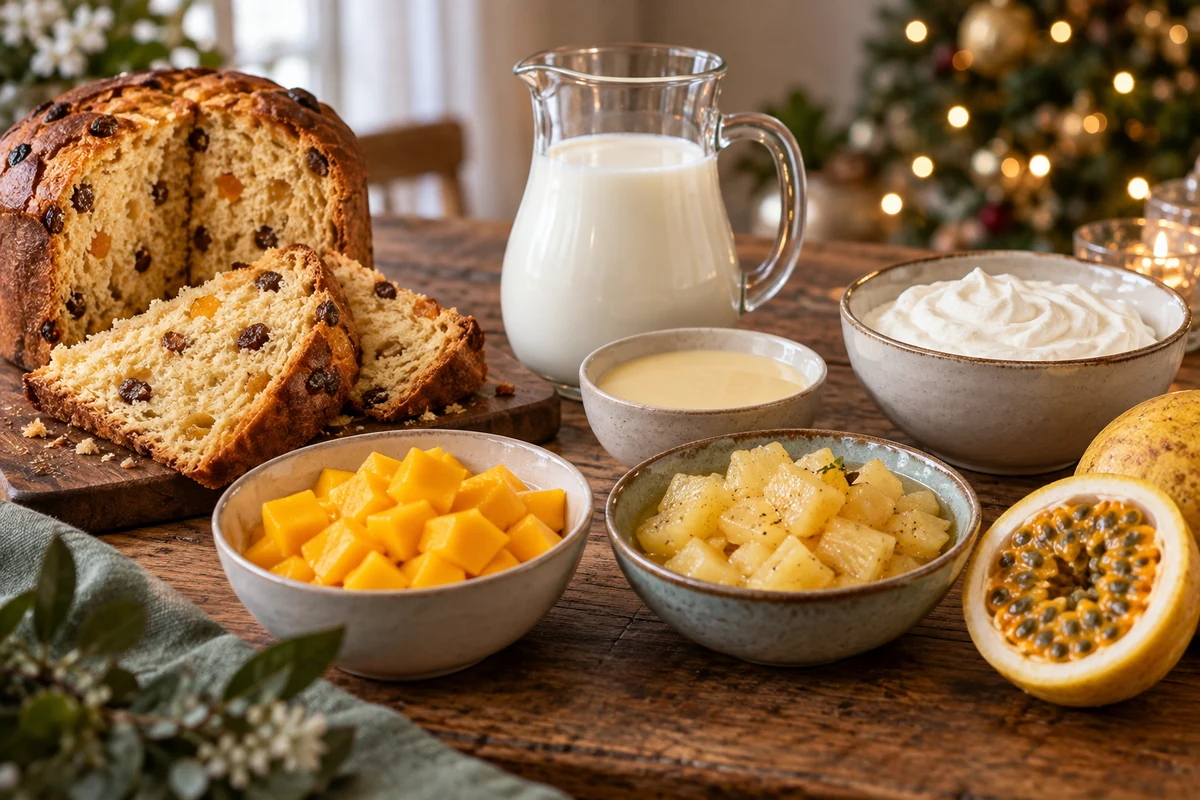 Panettone and tropical fruit dessert ingredients