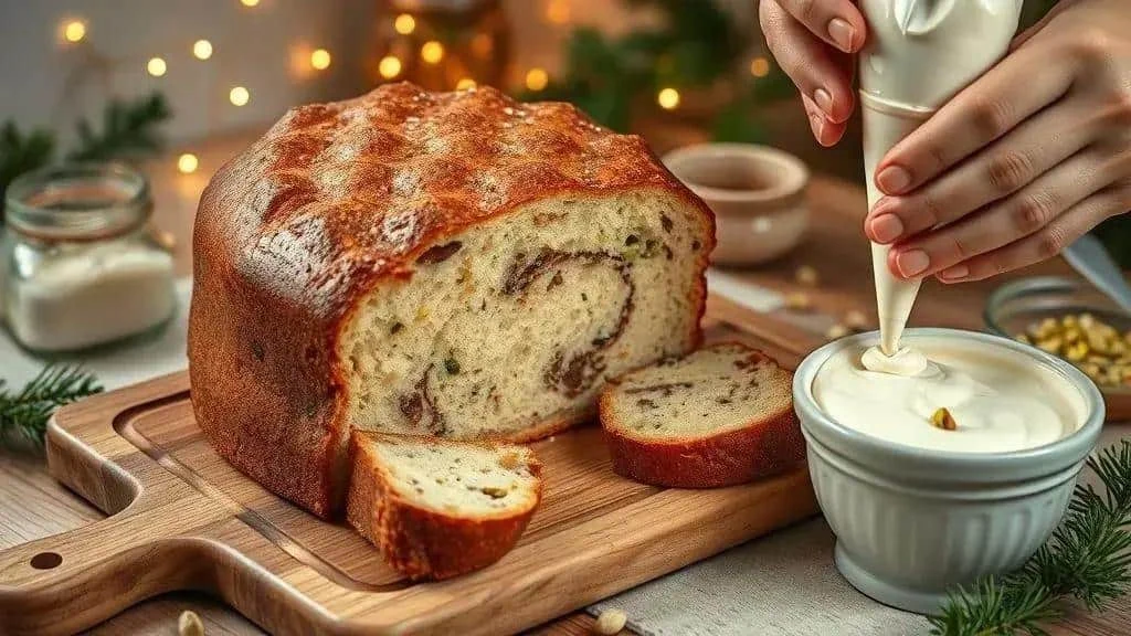 Panettone beside a bowl of cream and a piping bag