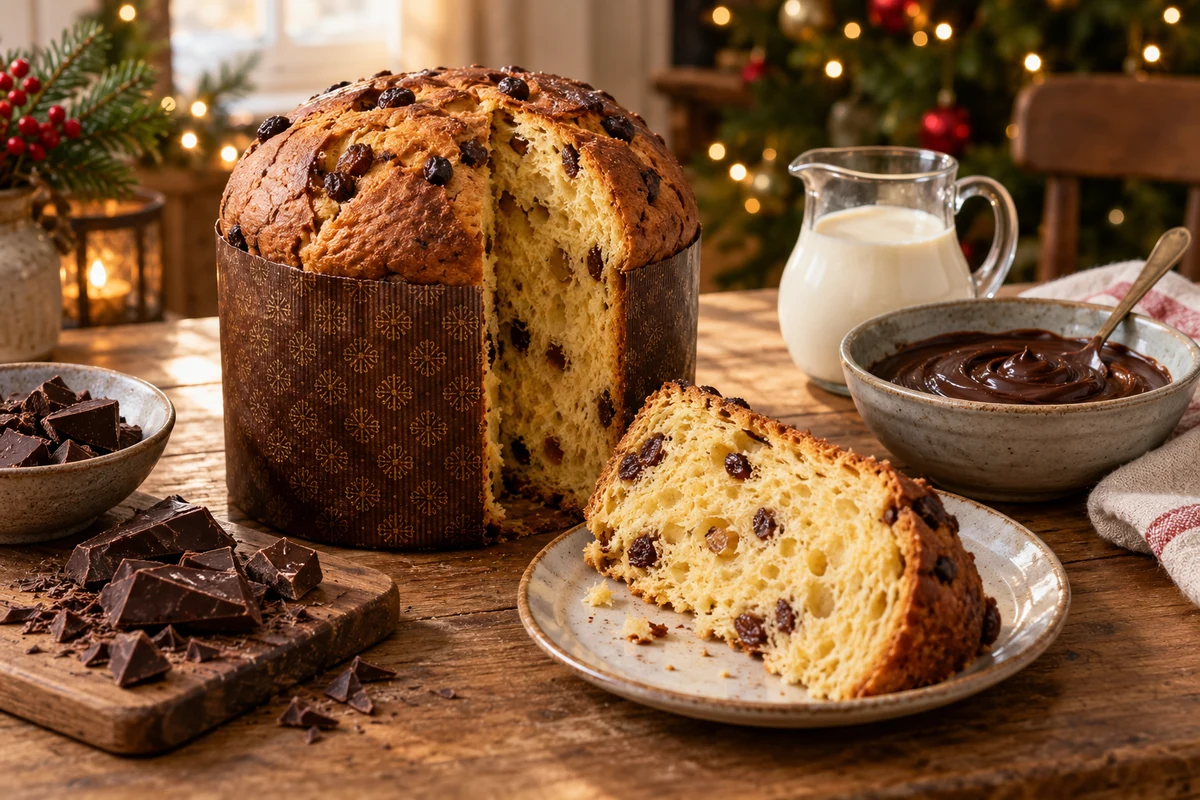 Panettone, dark chocolate and cream for a ganache filling