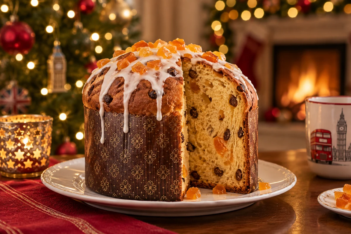 Panettone decorated with icing and candied orange