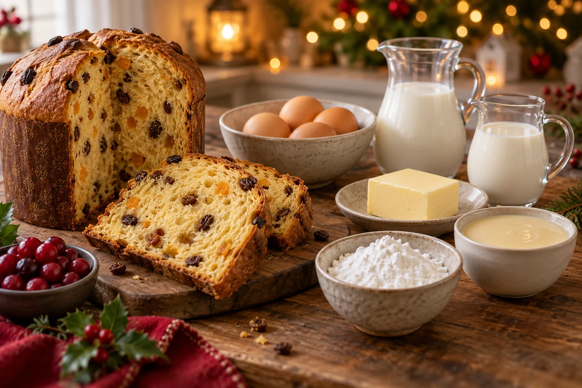 Panettone, eggs, cream and milk for a layered Christmas dessert