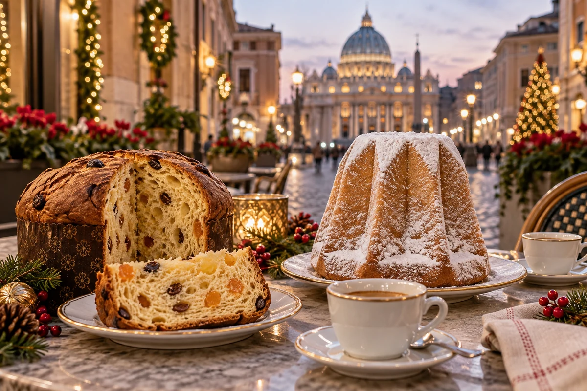 Panettone, pandoro and coffee on a festive cafe table Panettone, pandoro and coffee on a festive cafe table