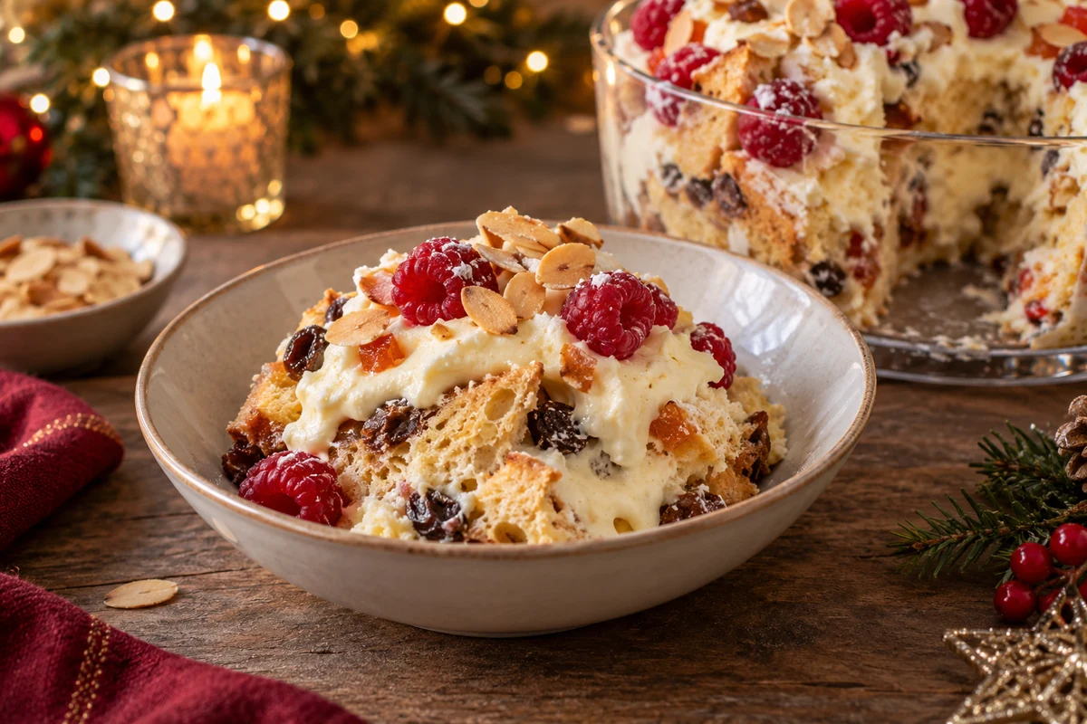 Panettone pave served with berries and almonds