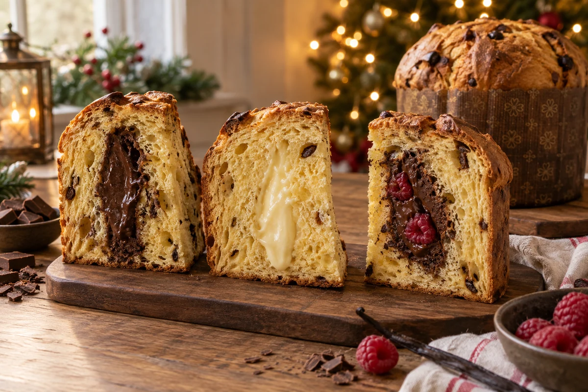 Panettone slices with chocolate, cream and berry fillings