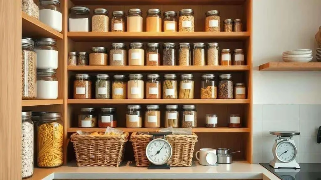 Pantry shelves with jars of dry ingredients and woven baskets Pantry shelves with jars of dry ingredients and woven baskets