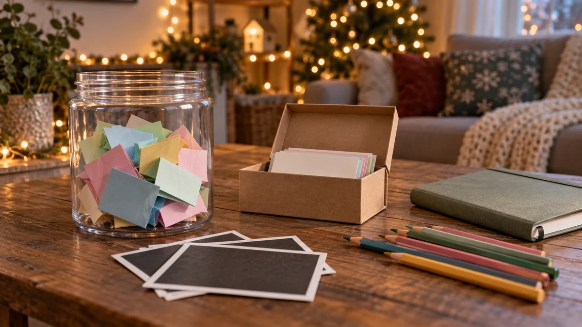 Paper notes and coloured pencils for a Christmas writing activity