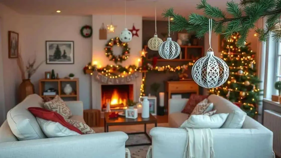 Paper ornaments hanging in a decorated sitting room
