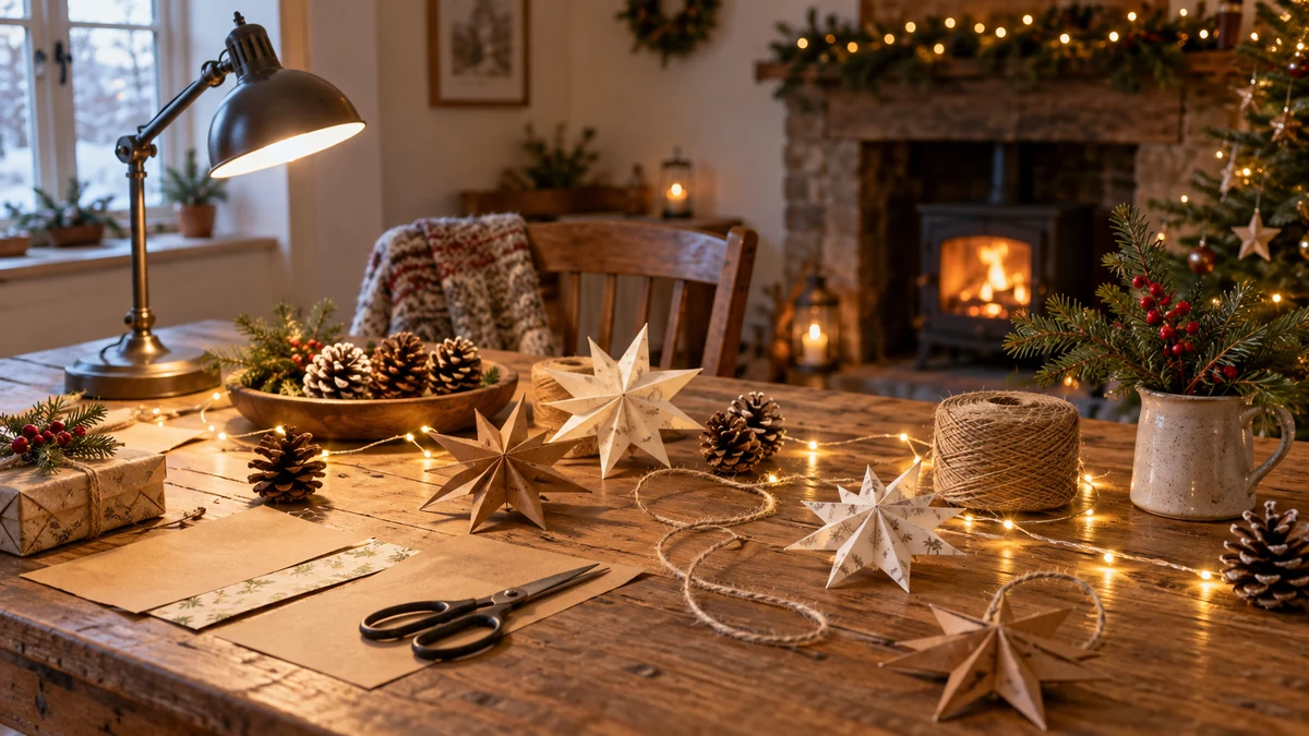 Paper stars pinecones and twine for Christmas crafts