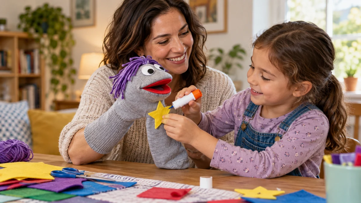 Parent and child decorating a sock puppet