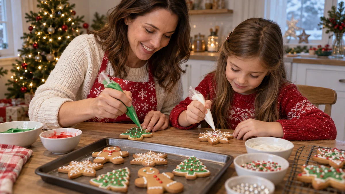Parent and child decorating baked Christmas biscuits