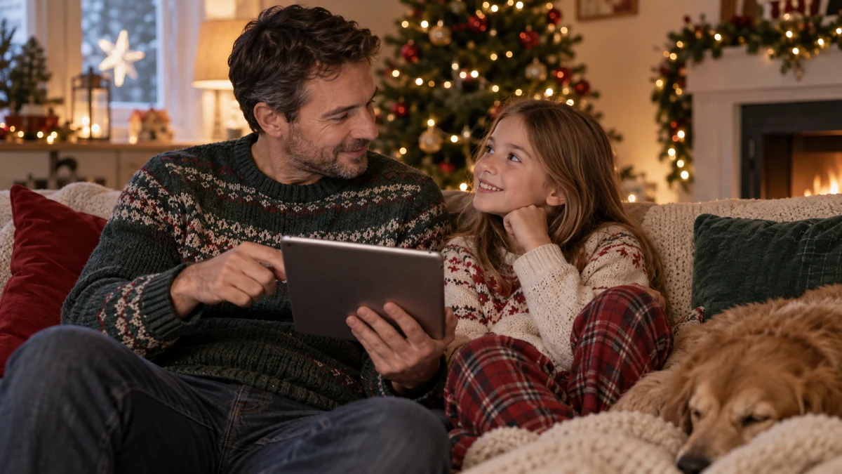 Parent and child discussing a film choice on a tablet