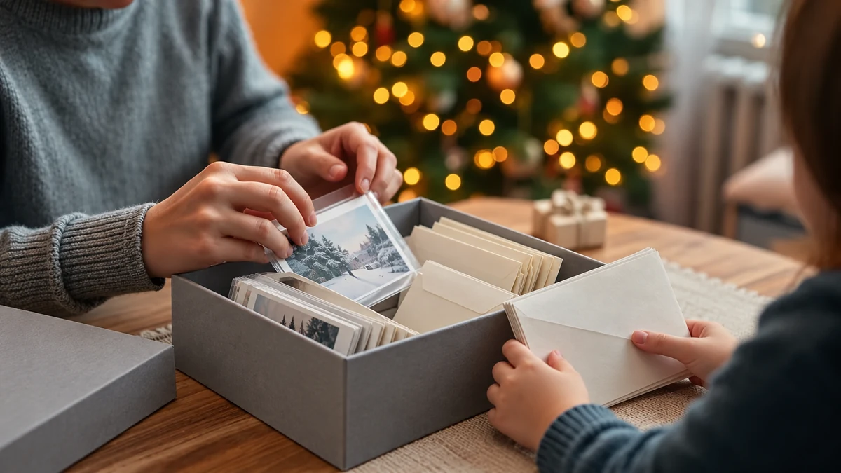 Parent and child organising photographs in a Christmas memory box