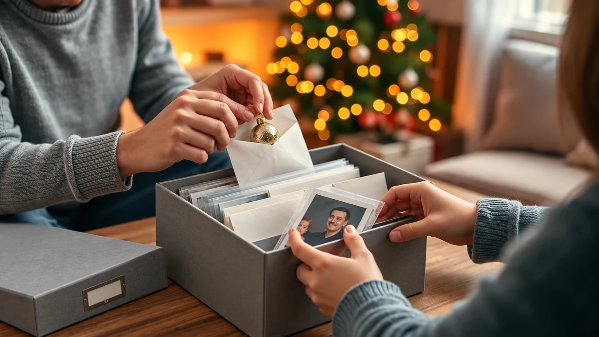 Parent and child placing Christmas keepsakes in archival storage
