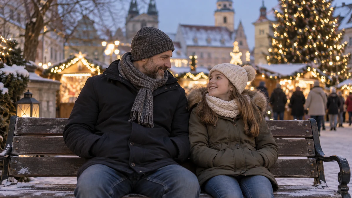 Parent and child resting during a winter outing