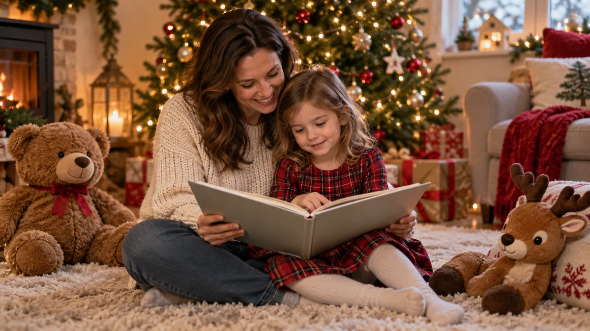 Parent and child sharing a Christmas picture book