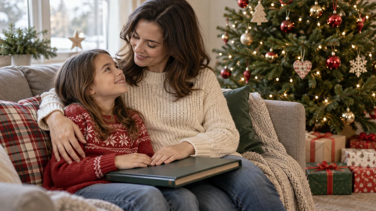 Parent and child with a photograph album beside a Christmas tree
