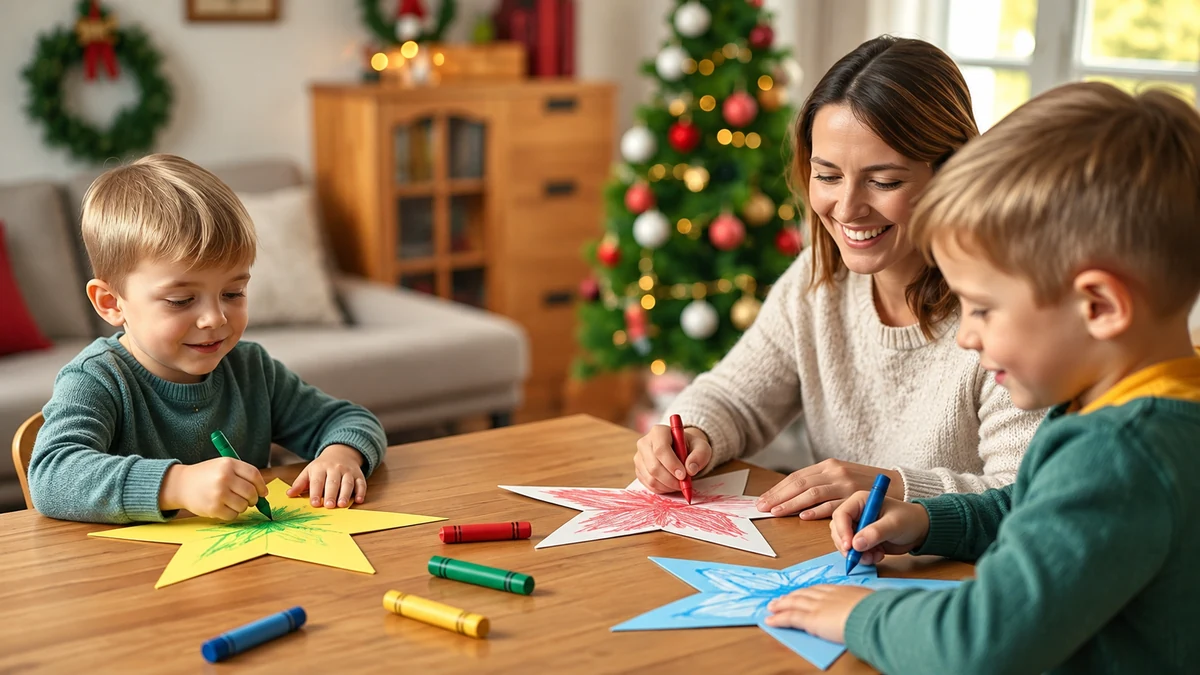 Parent and children colouring large paper Christmas stars