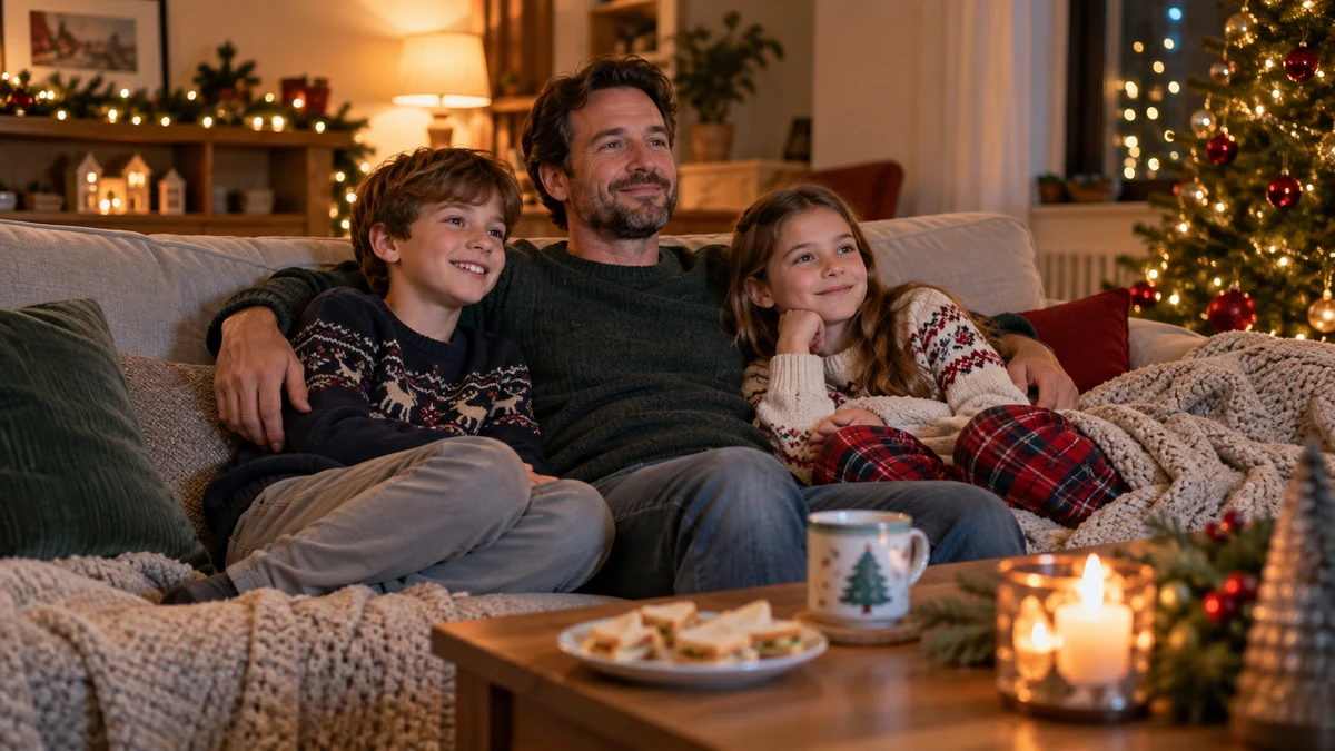 Parent and children enjoying a festive evening indoors Parent and children enjoying a festive evening indoors