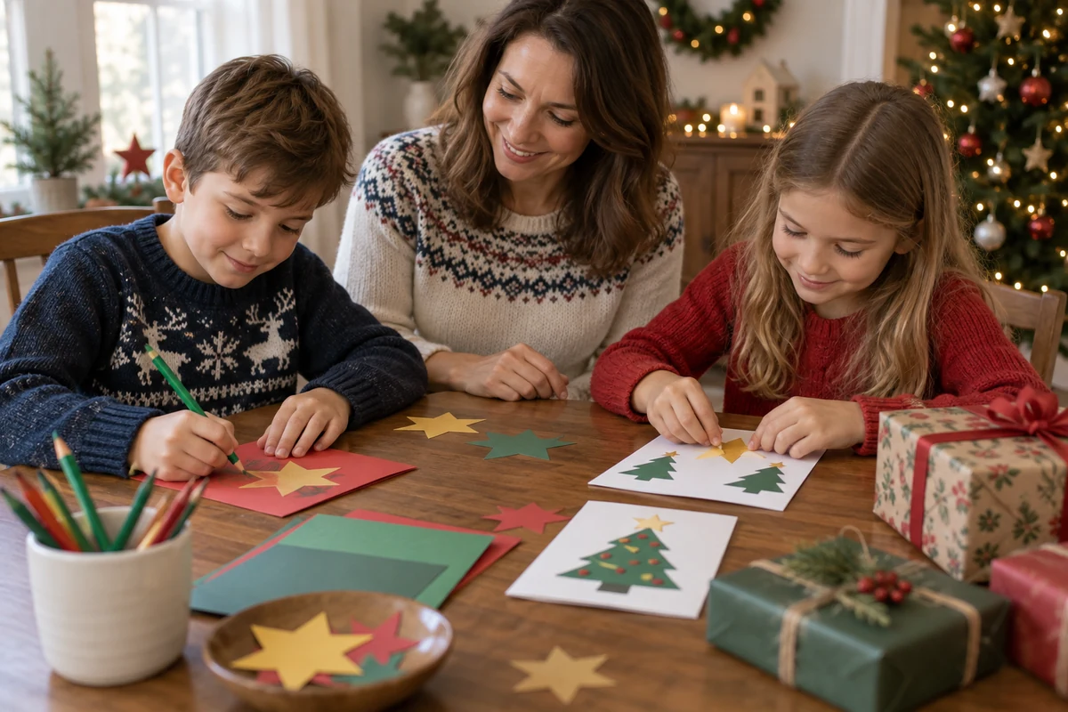 Parent and children making paper Christmas decorations