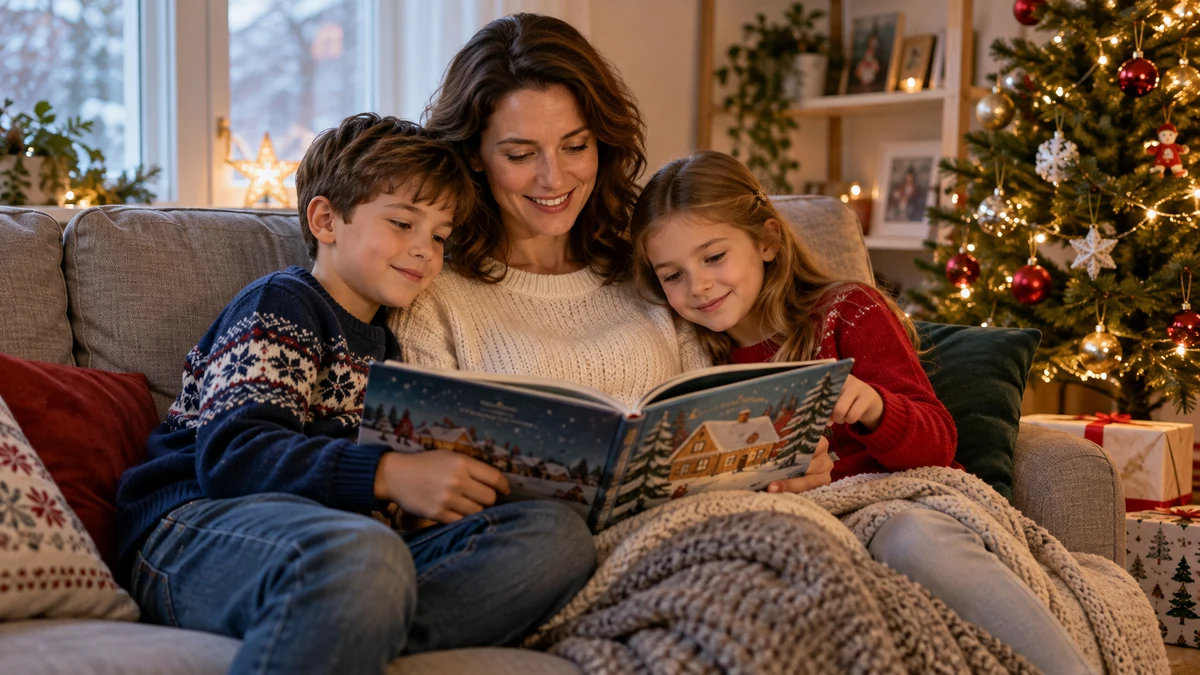 Parent and children reading a Christmas story on a sofa Parent and children reading a Christmas story on a sofa
