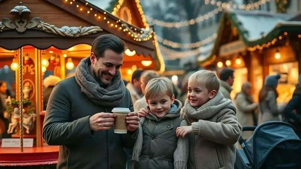 Parent and children visiting a winter Christmas market