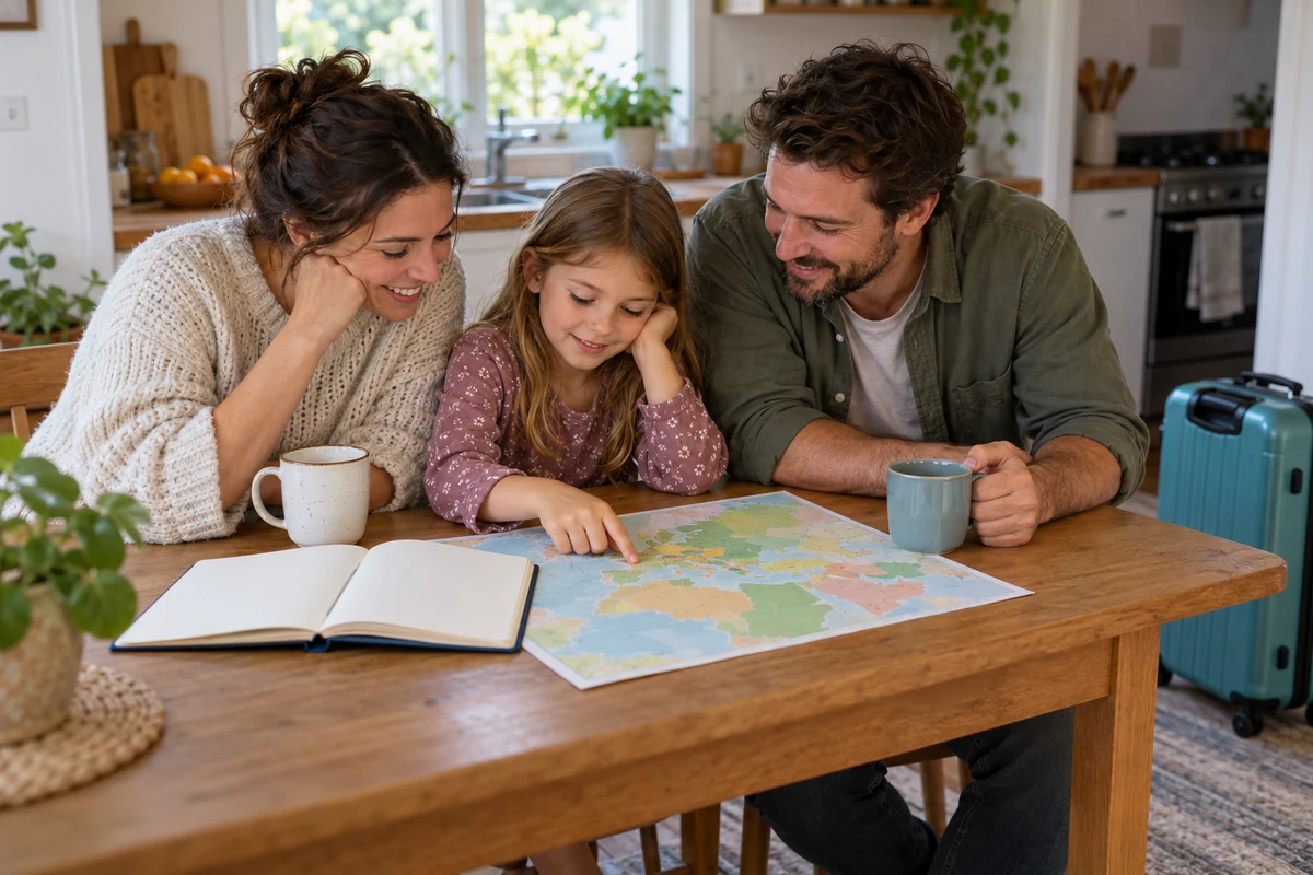 Parents and a child planning a holiday with a map and notebook