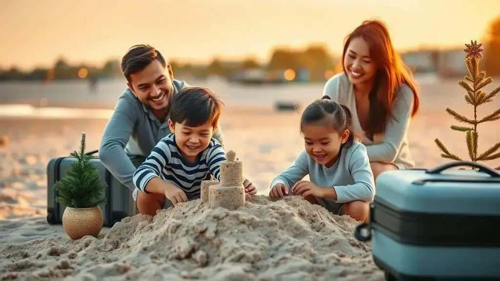 Parents and children building a sandcastle together