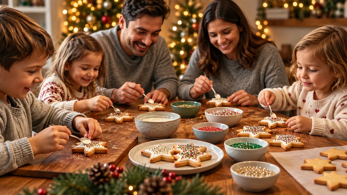 Parents and children decorating Christmas biscuits