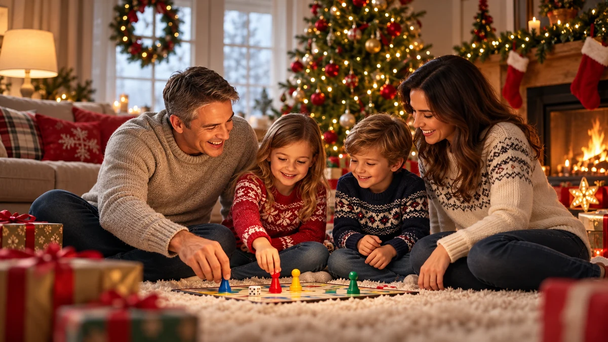 Parents playing a board game with two children at Christmas