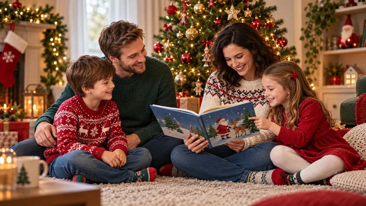 Parents reading a Christmas story with two children