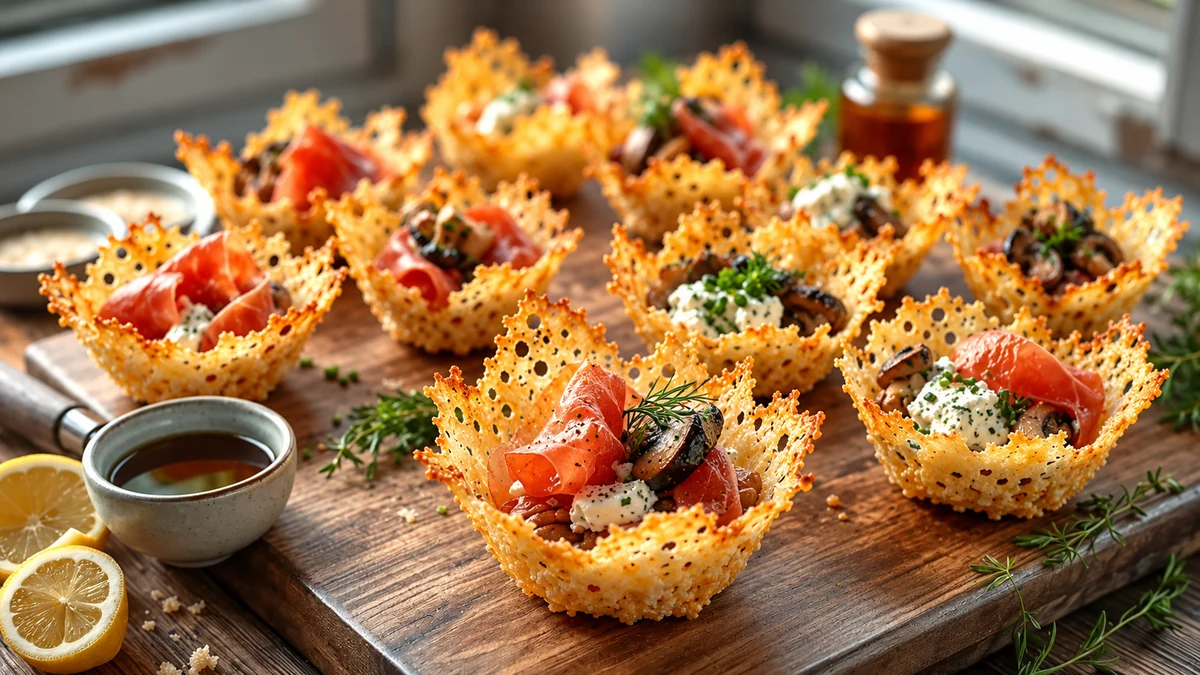Parmesan basket filling variations with cheese and mushrooms Parmesan basket filling variations with cheese and mushrooms