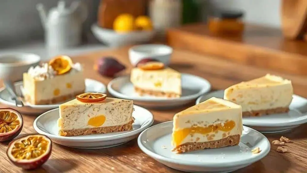 Passion fruit cheesecake slices with different toppings Passion fruit cheesecake slices with different toppings