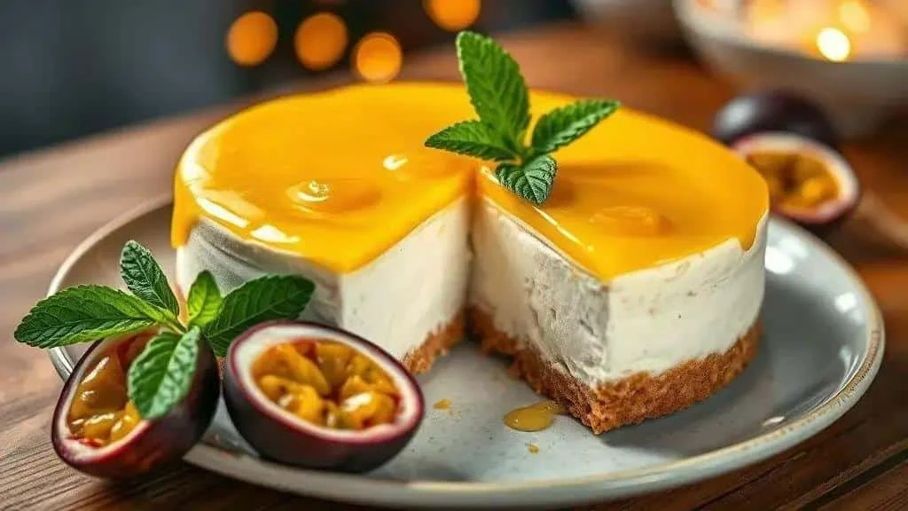 Passion fruit cheesecake with a glossy fruit topping