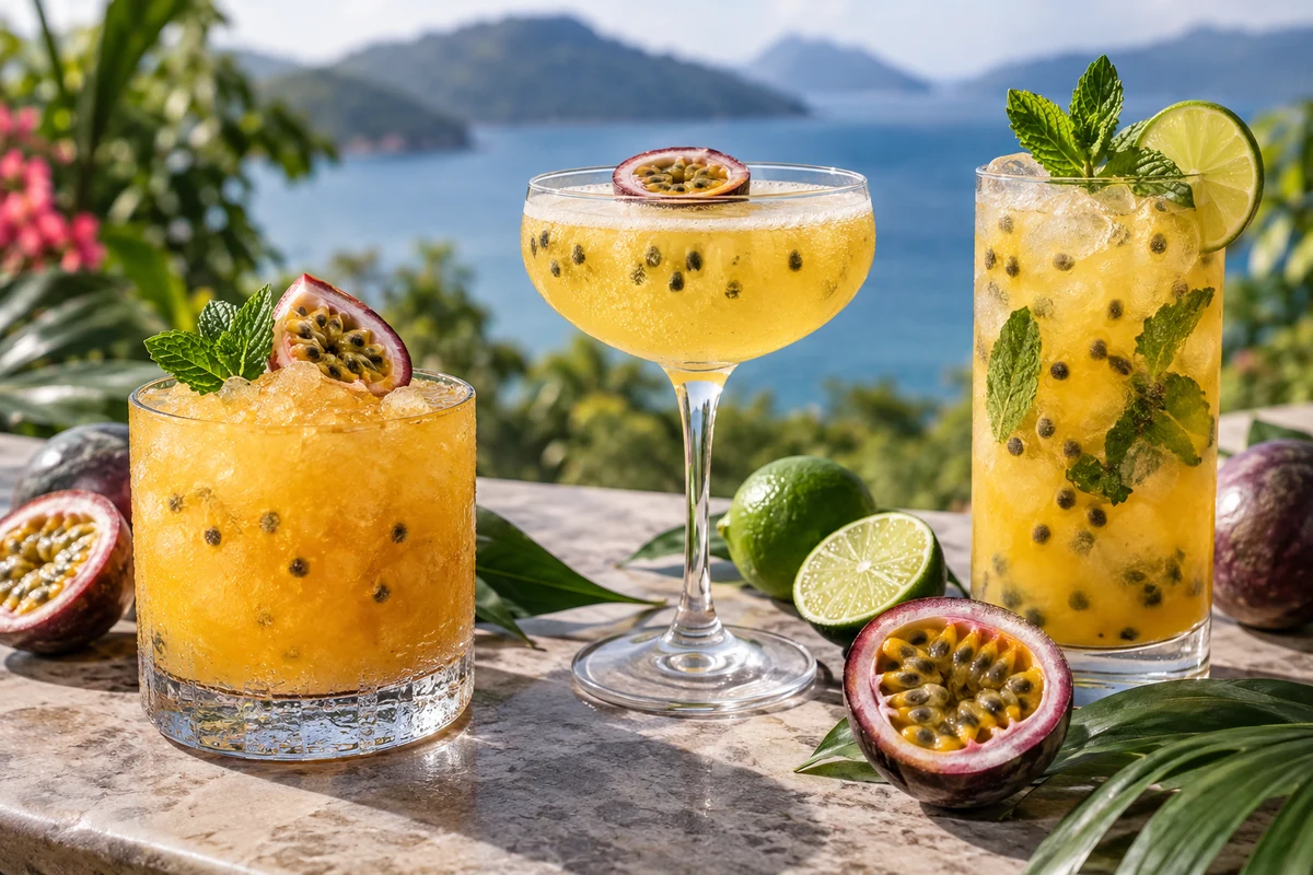 Passion fruit cocktail variations with citrus and fresh garnishes Passion fruit cocktail variations with citrus and fresh garnishes