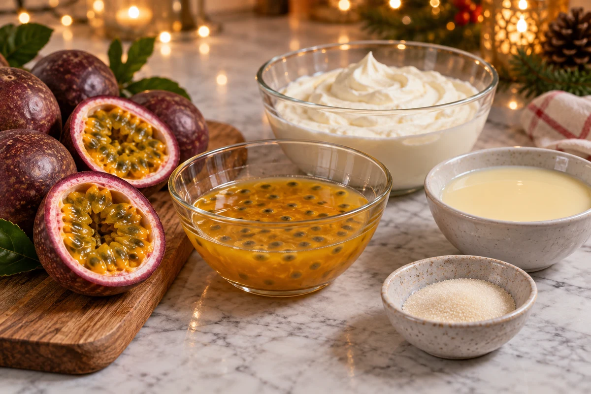 Passion fruit, cream and condensed milk for mousse Passion fruit, cream and condensed milk for mousse
