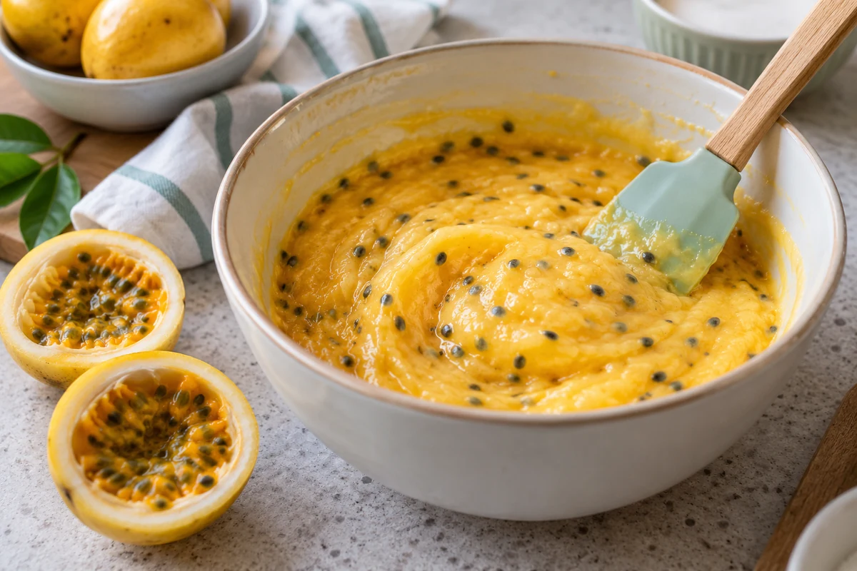 Passion fruit dessert mixture in a bowl