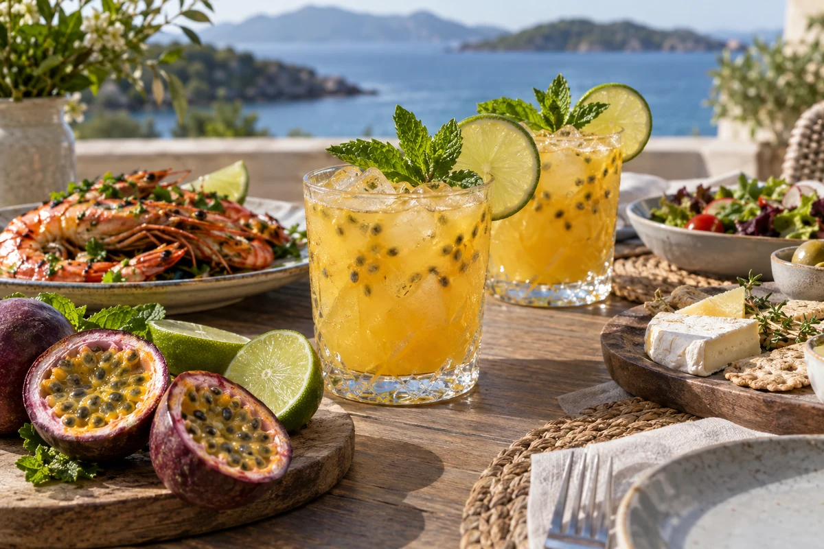 Passion fruit gin cocktail served with savoury nibbles Passion fruit gin cocktail served with savoury nibbles