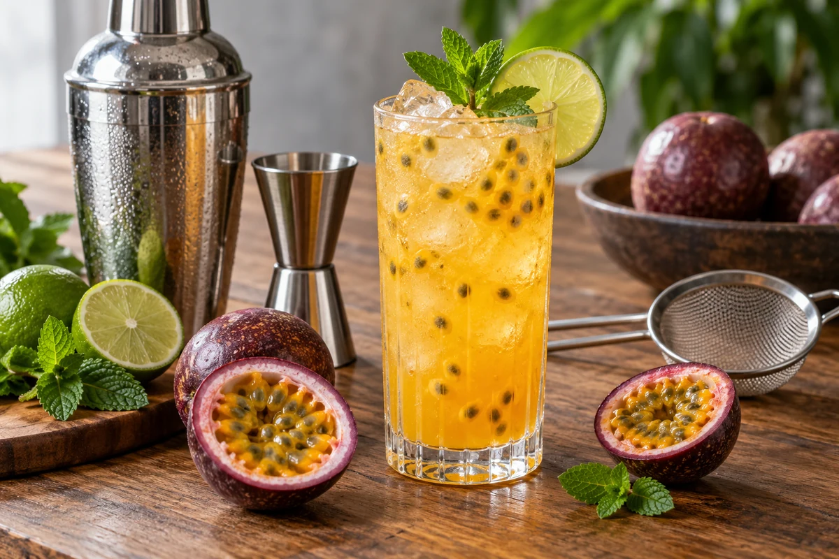 Passion fruit gin cocktail with clear ice and fresh fruit garnish Passion fruit gin cocktail with clear ice and fresh fruit garnish