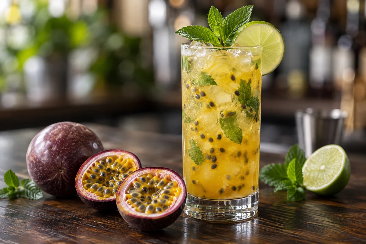 Passion fruit gin cocktail with realistic black seeds and lime