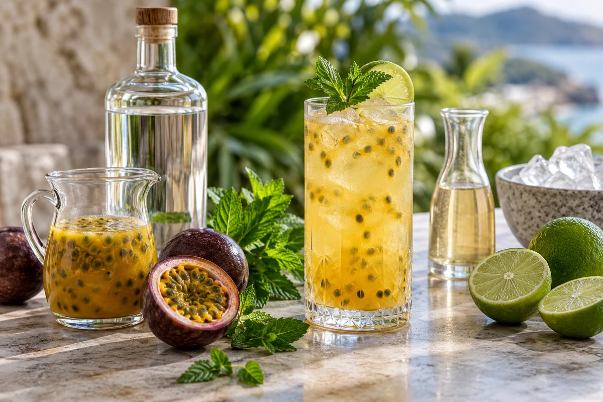 Passion fruit, gin, lime and tonic ingredients for a cocktail Passion fruit, gin, lime and tonic ingredients for a cocktail