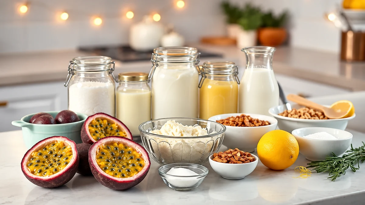 Passion fruit, lemon and cream ingredients for a chilled tart