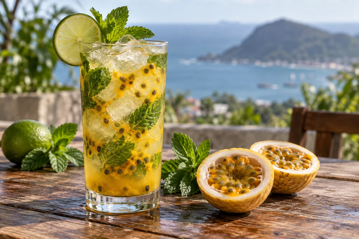 Passion fruit mojito with mint lime and ice Passion fruit mojito with mint lime and ice