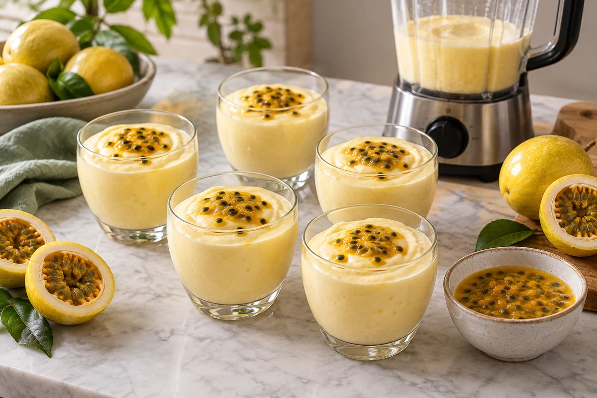 Passion fruit mousse glasses beside a blender Passion fruit mousse glasses beside a blender