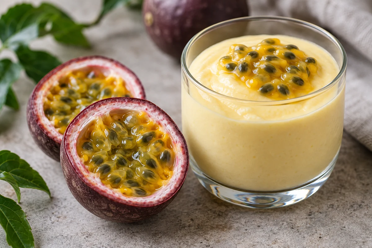 Passion fruit mousse topped with golden pulp and black seeds Passion fruit mousse topped with golden pulp and black seeds