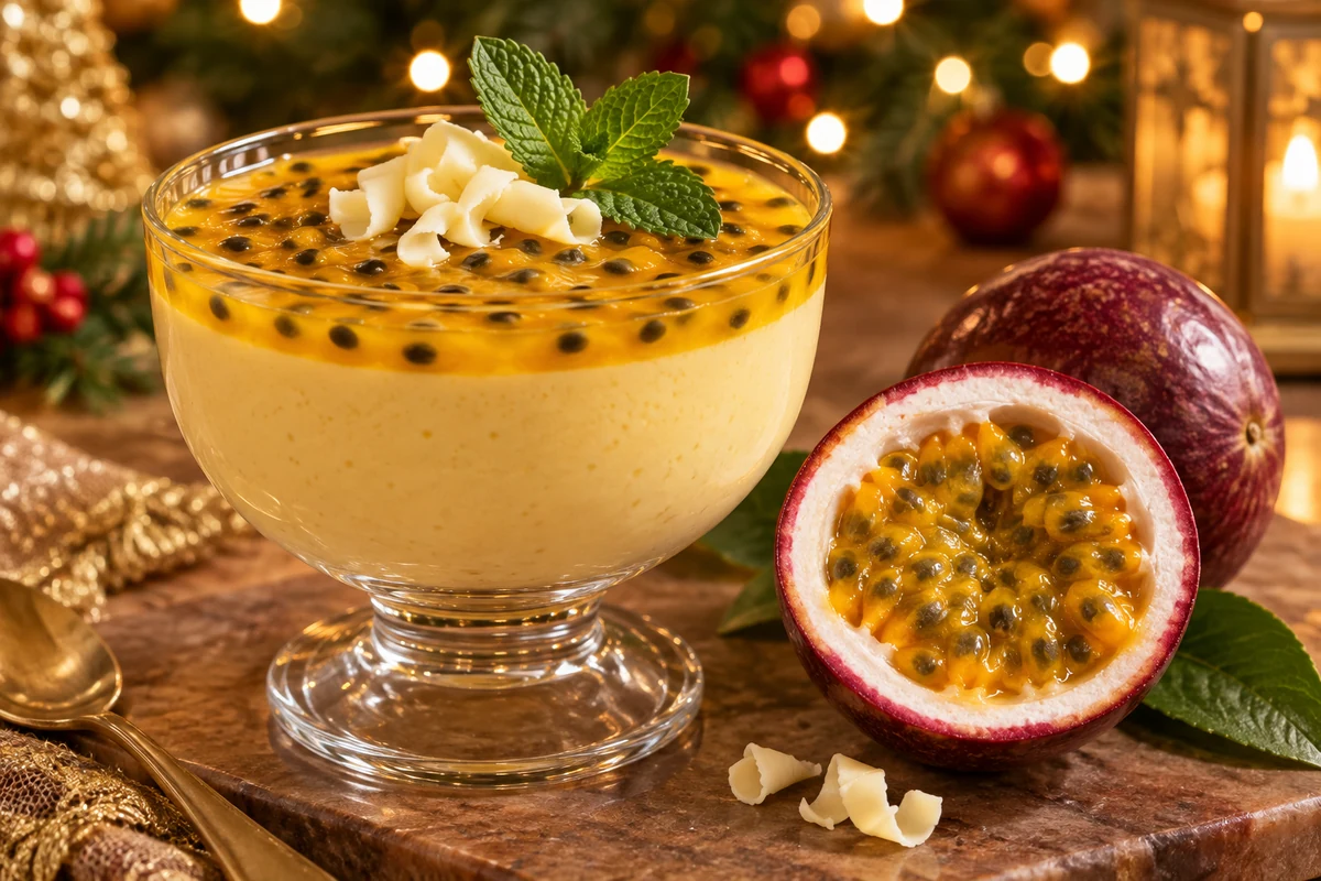 Passion fruit mousse with golden pulp and black seeds