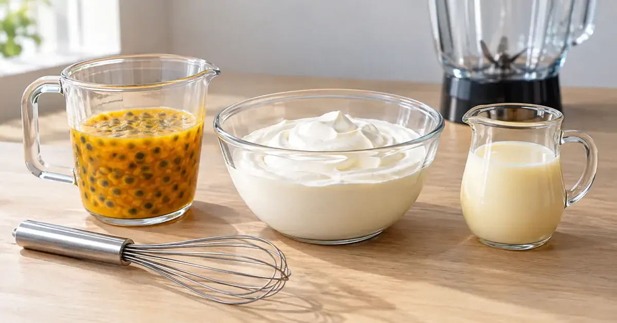Passion fruit pulp, cream and condensed milk for mousse