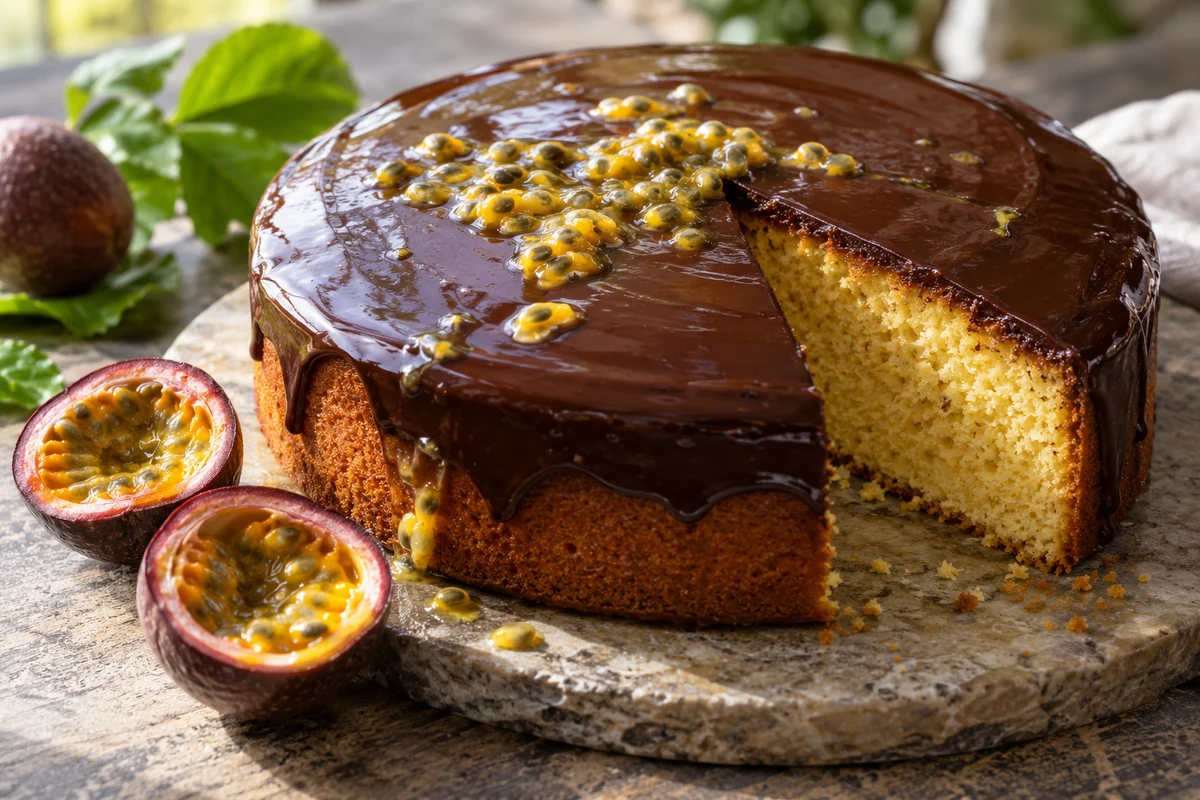 Passion fruit sponge cake with chocolate ganache