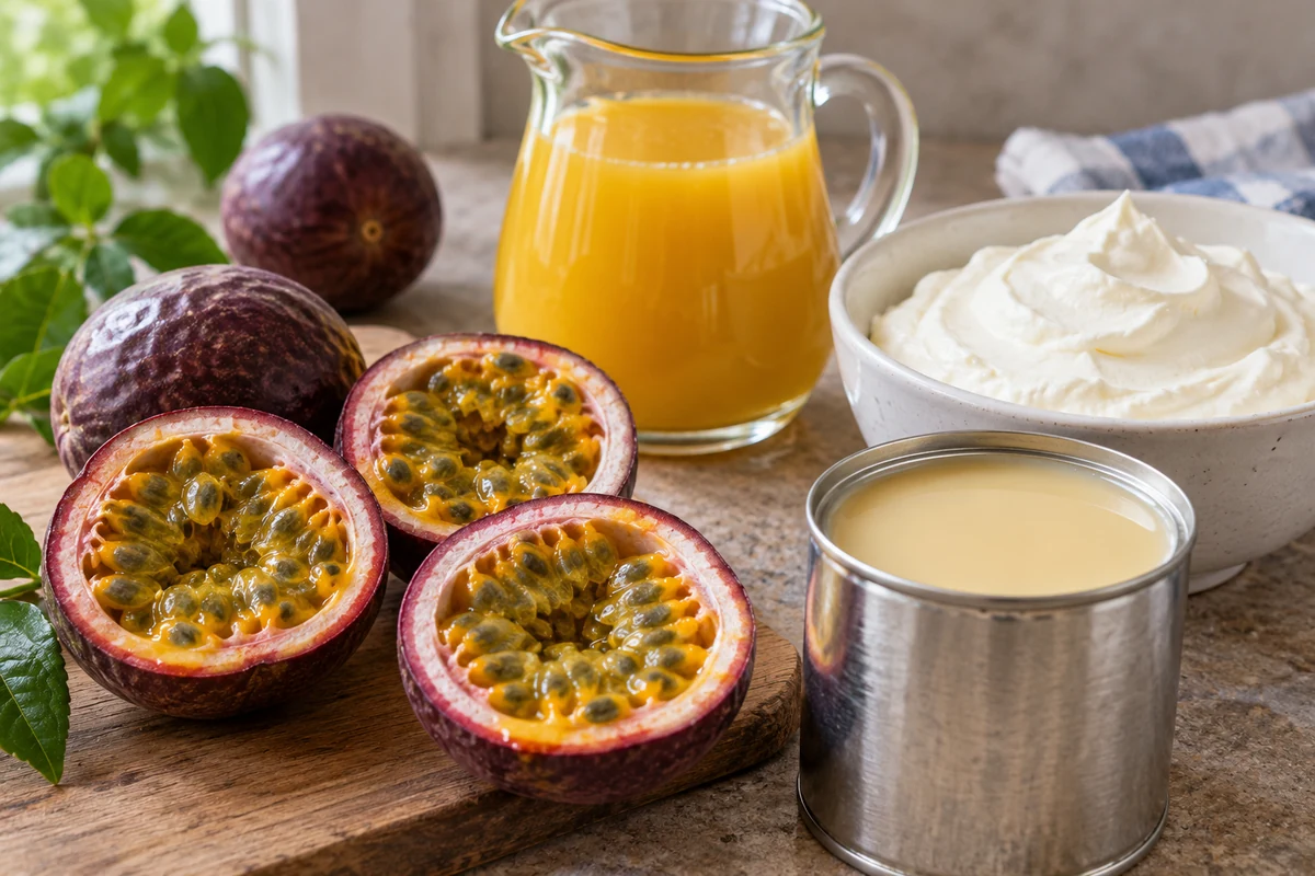 Passion fruit, strained juice, cream and condensed milk