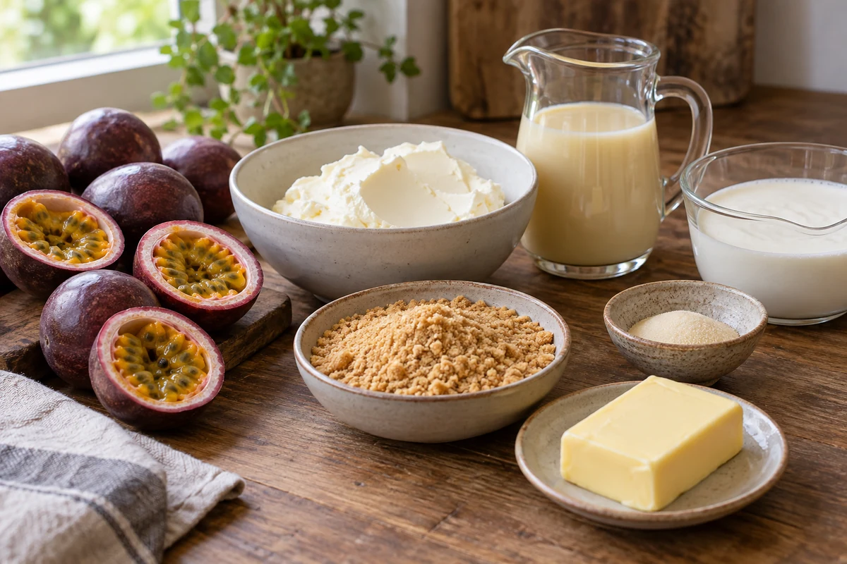 Passion fruits and ingredients for a no-bake cheesecake Passion fruits and ingredients for a no-bake cheesecake